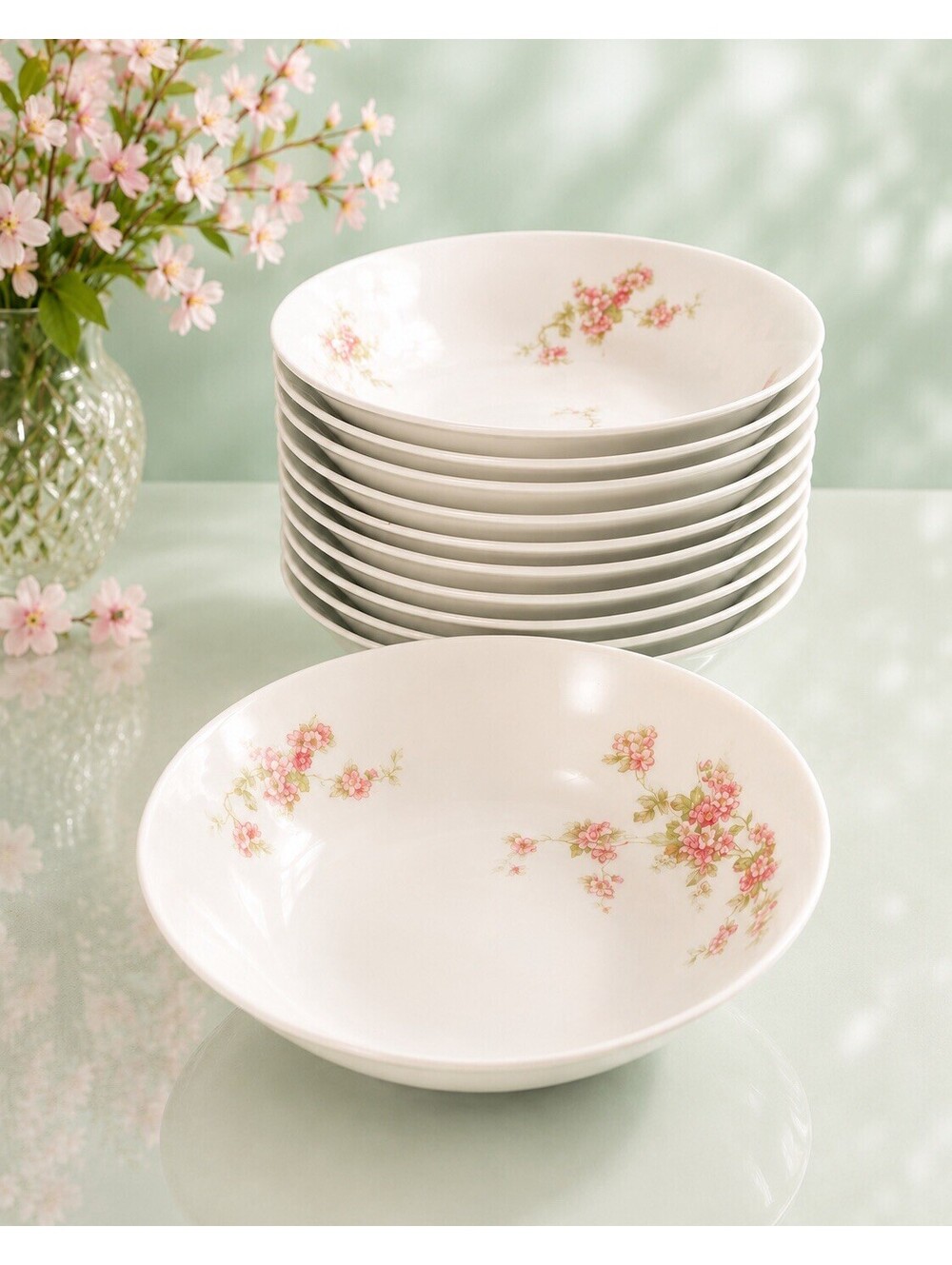 O&EG Royal Austria 1900s Pink Floral Porcelain Set of 12 Rimmed Soup Bowls, 8”